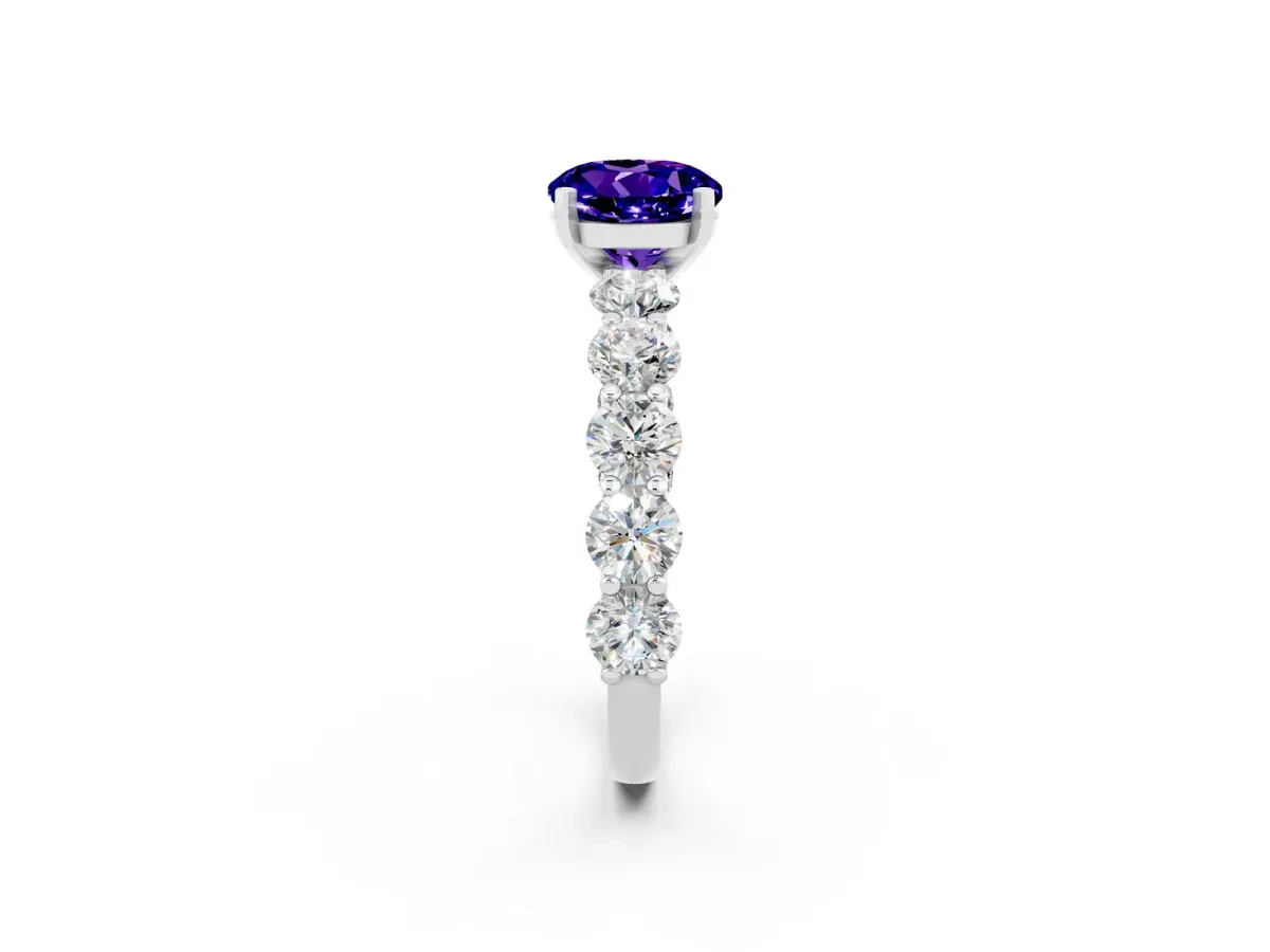 Round Cut Tanzanite Prong Setting with Side Stones on a Pave Band Platinum