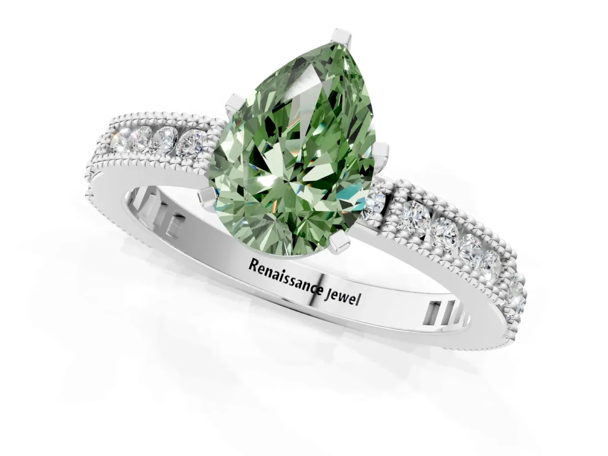 Fancy Green Pear Cut Solitaire with Pavé Band and Four-Prong Setting Platinum