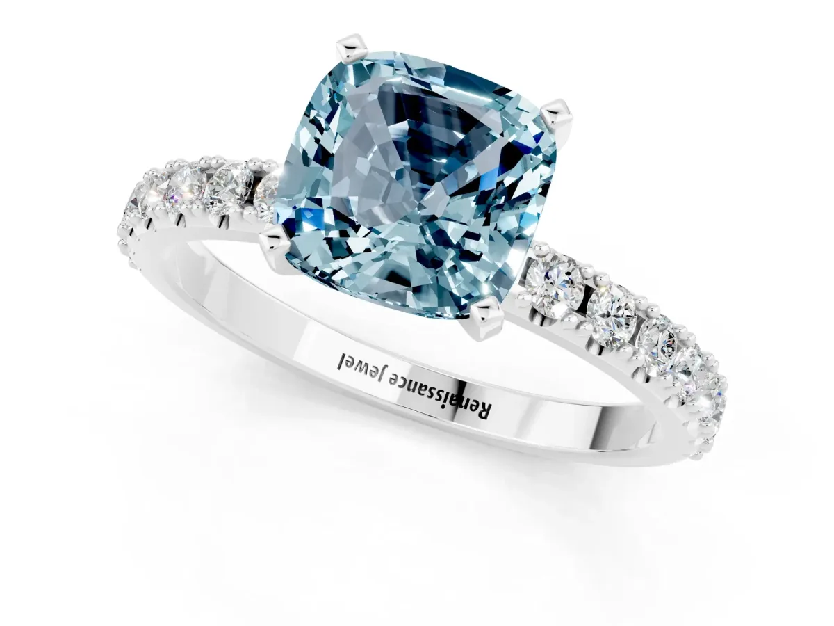 Cushion Cut Aquamarine Solitaire Pavé Band with Four-Prong Setting Silver