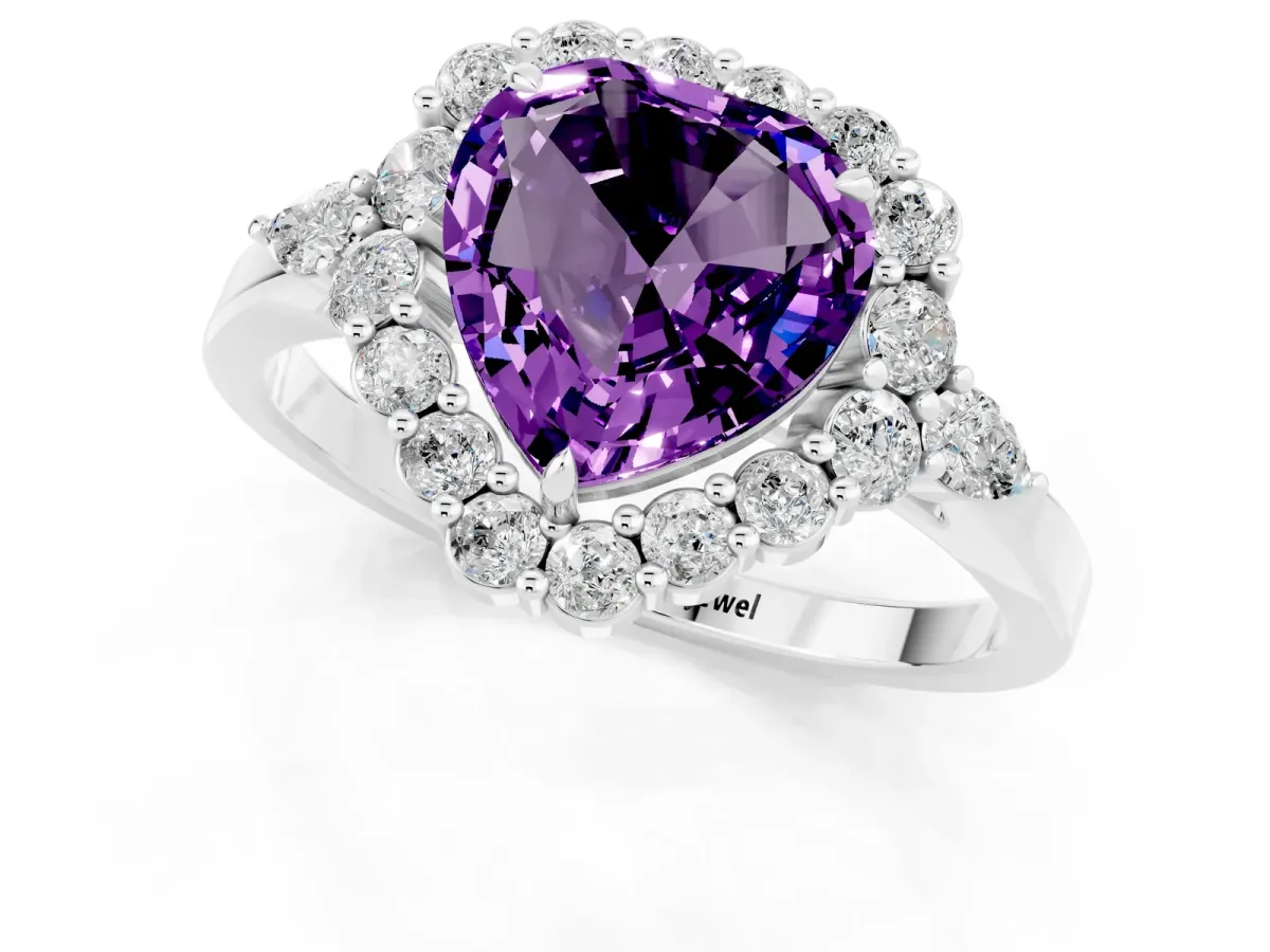 Heart Cut Amethyst Halo Ring with Pear Side Stones and Prong Setting Silver