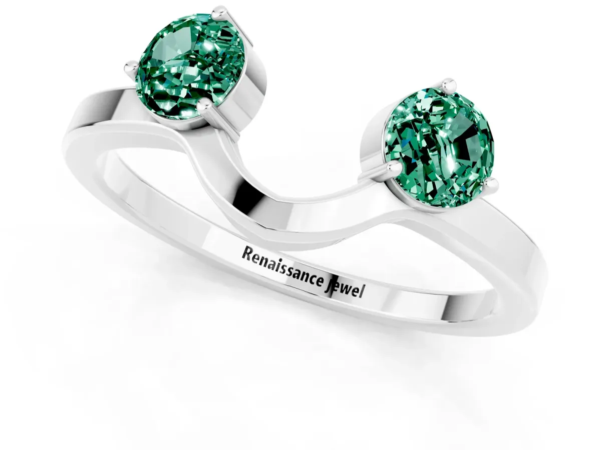 Dual Round Green Sapphire Open Band Ring with Prong Setting White gold