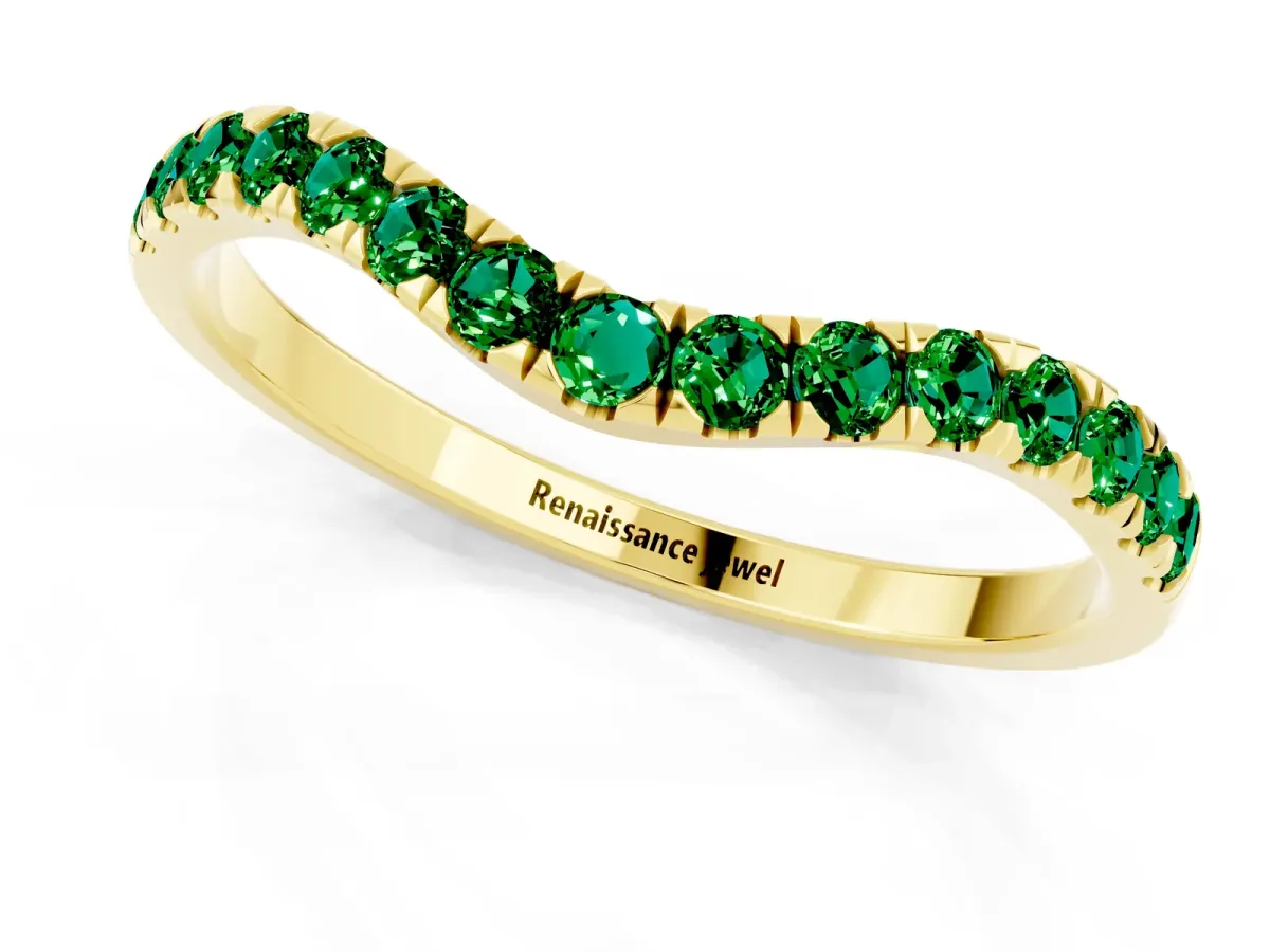 Curved Pavé Round Emerald Wedding Band with Shared Prong Setting Yellow gold