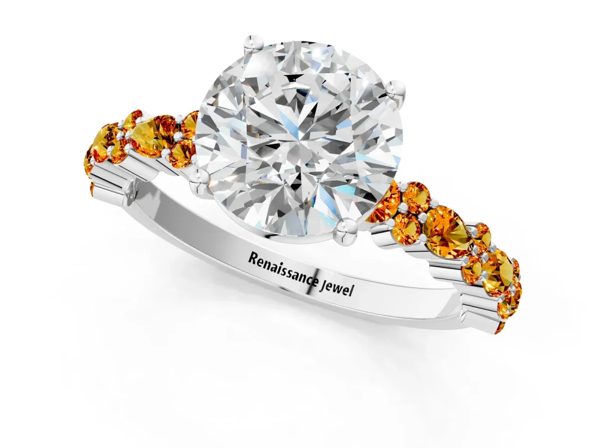 Round Cut Diamond Side Stone Solitaire Ring with Round Citrine and Four-Prong Setting White gold