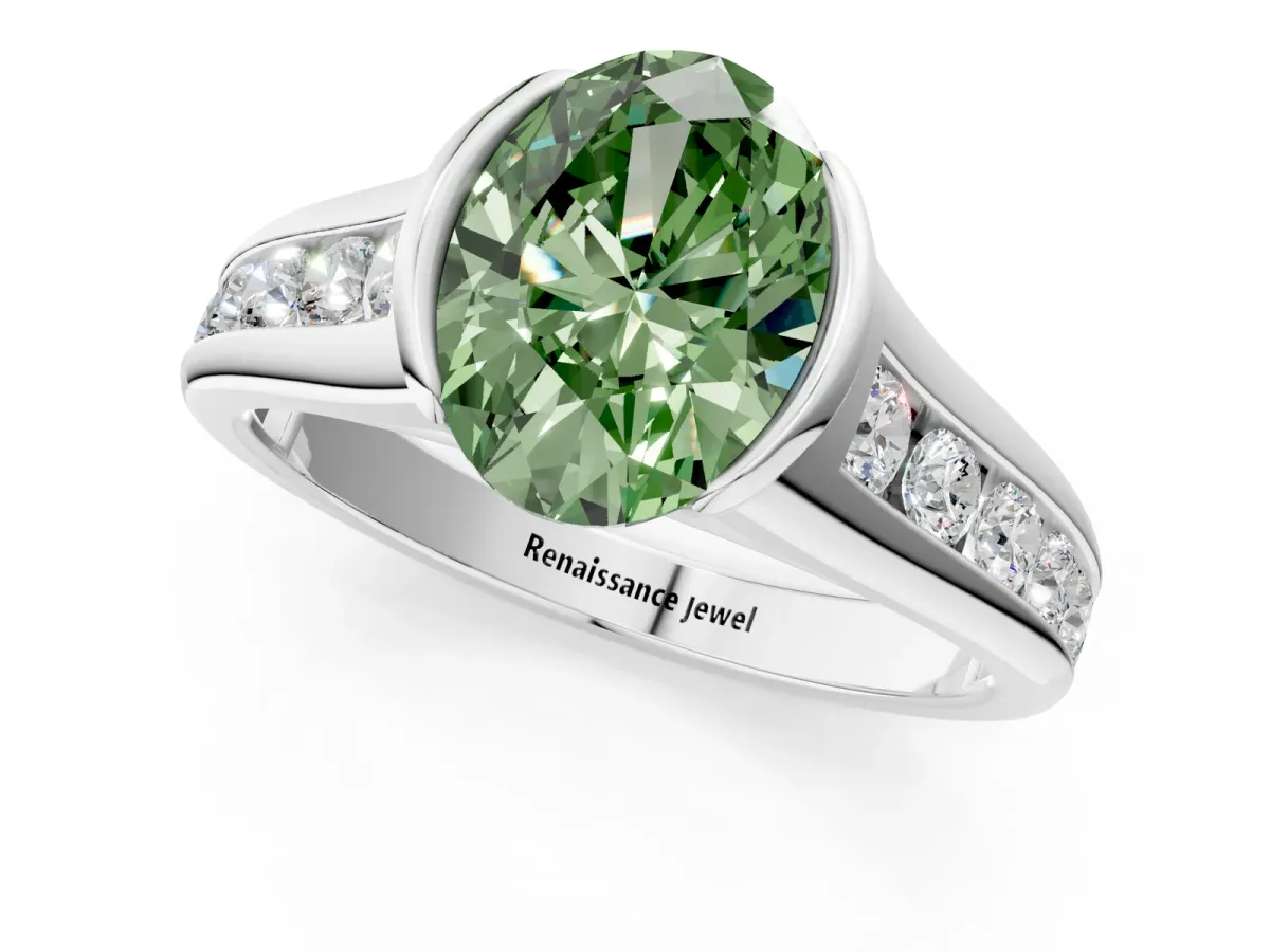 Fancy Green Oval Cut Solitaire Bezel-Set Diamond Ring with Channel-Set Band Platinum