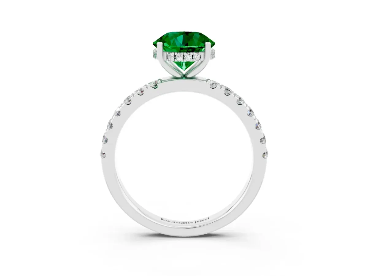 Round Cut Emerald Pave Band Solitaire Ring with Round and Prong Setting Silver