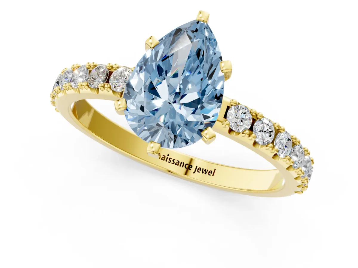 Fancy Blue Pear Cut Diamond Solitaire Pavé Band with Four-Prong Setting Yellow gold