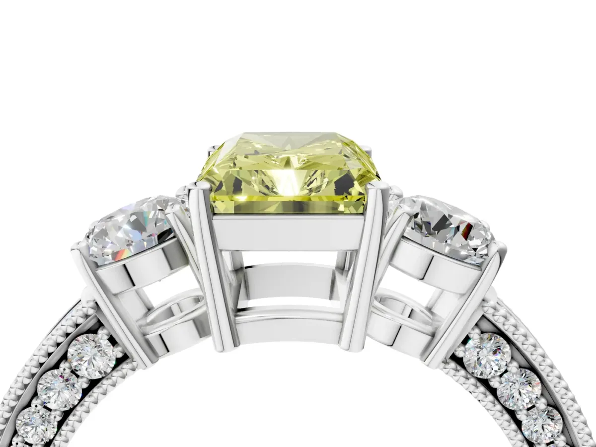 Fancy Yellow Radiant Cut Three-Stone Diamond Ring with Pavé Band and Four-Prong Setting Platinum