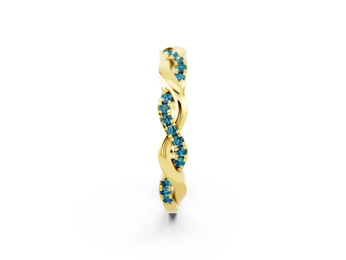 Round Blue Topaz Twist Eternity Band with Pavé Setting Yellow gold