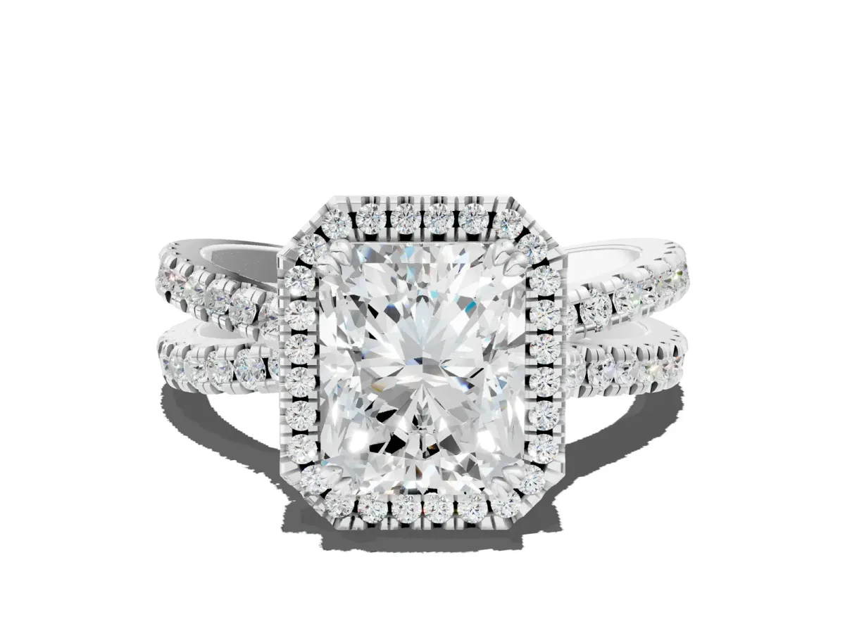 Radiant Cut Halo Split Shank Diamond Ring with Pavé Setting Platinum