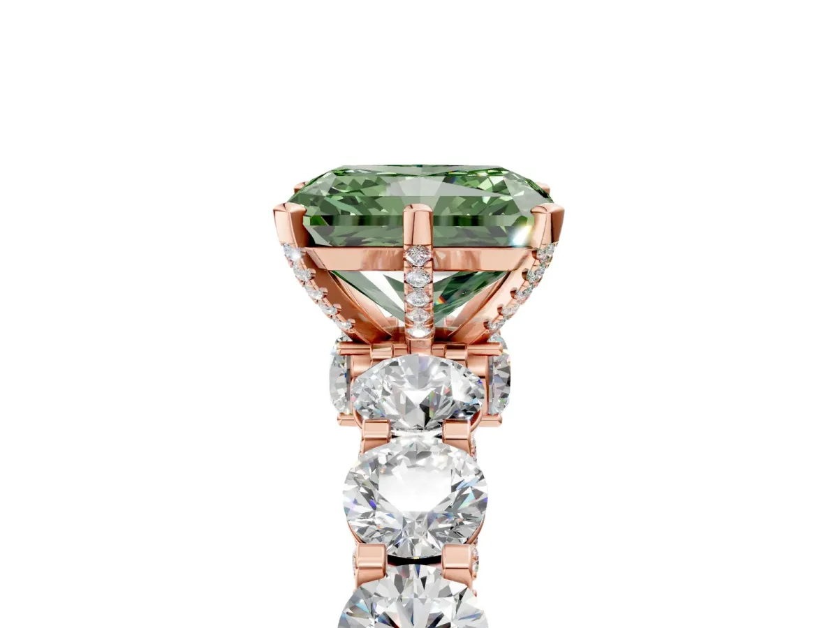 Fancy Green Radiant Cut Diamond Side Stone Engagement Ring with Four-Prong Setting Rose gold