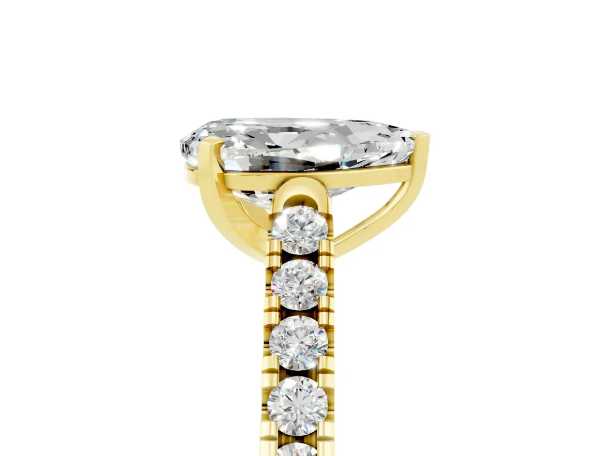 Pear Cut Moissanite Pavé Band Solitaire Ring with Prong Setting Yellow gold