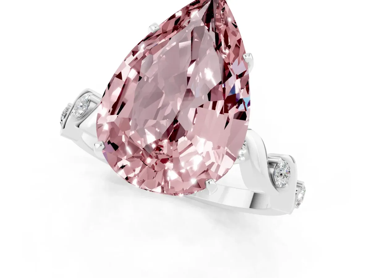 Pear Cut Morganite Solitaire Twisted Band with Round Accents and Prong Setting Silver