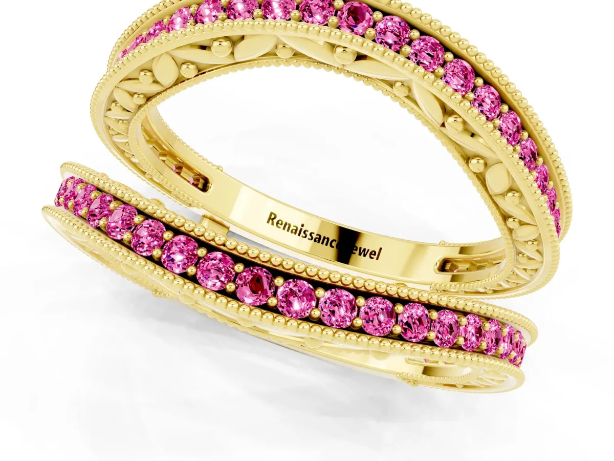Round Pink Sapphire Milgrain Eternity Band with Channel Setting Yellow gold