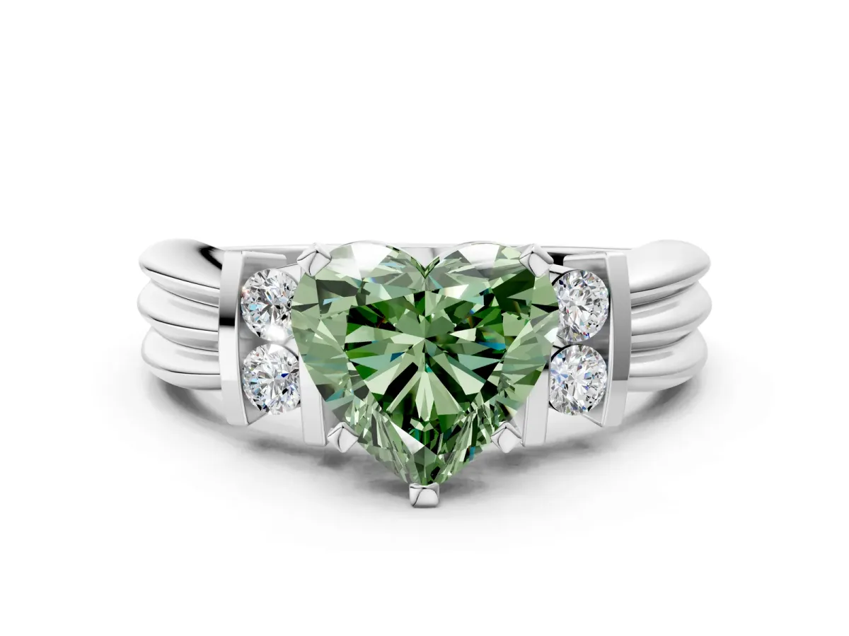 Fancy Green Heart Cut Cut Three-Stone Channel Set Ring with Bar Prongs Platinum
