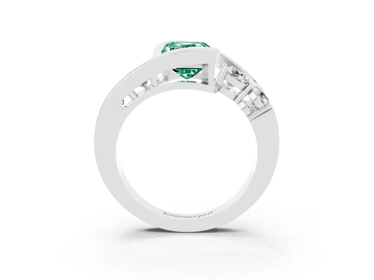 Bezel Set Emerald Cut Green Sapphire Bypass Ring with Round Accents Silver