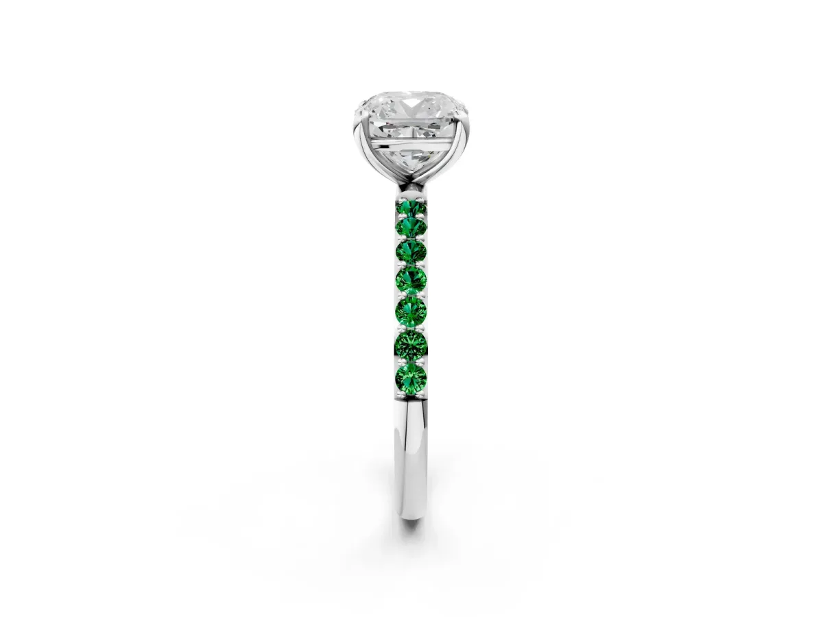 Cushion Cut Diamond Solitaire Ring with Round Emerald Pavé Band and Prong Setting Silver