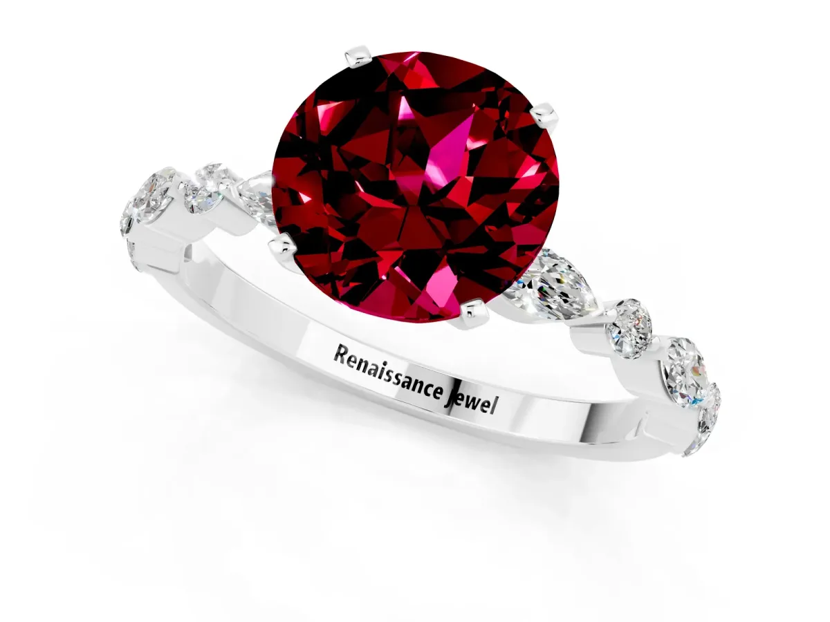 Round Cut Garnet Ring with Marquise and Round Side Stones and Four-Prong Setting Silver