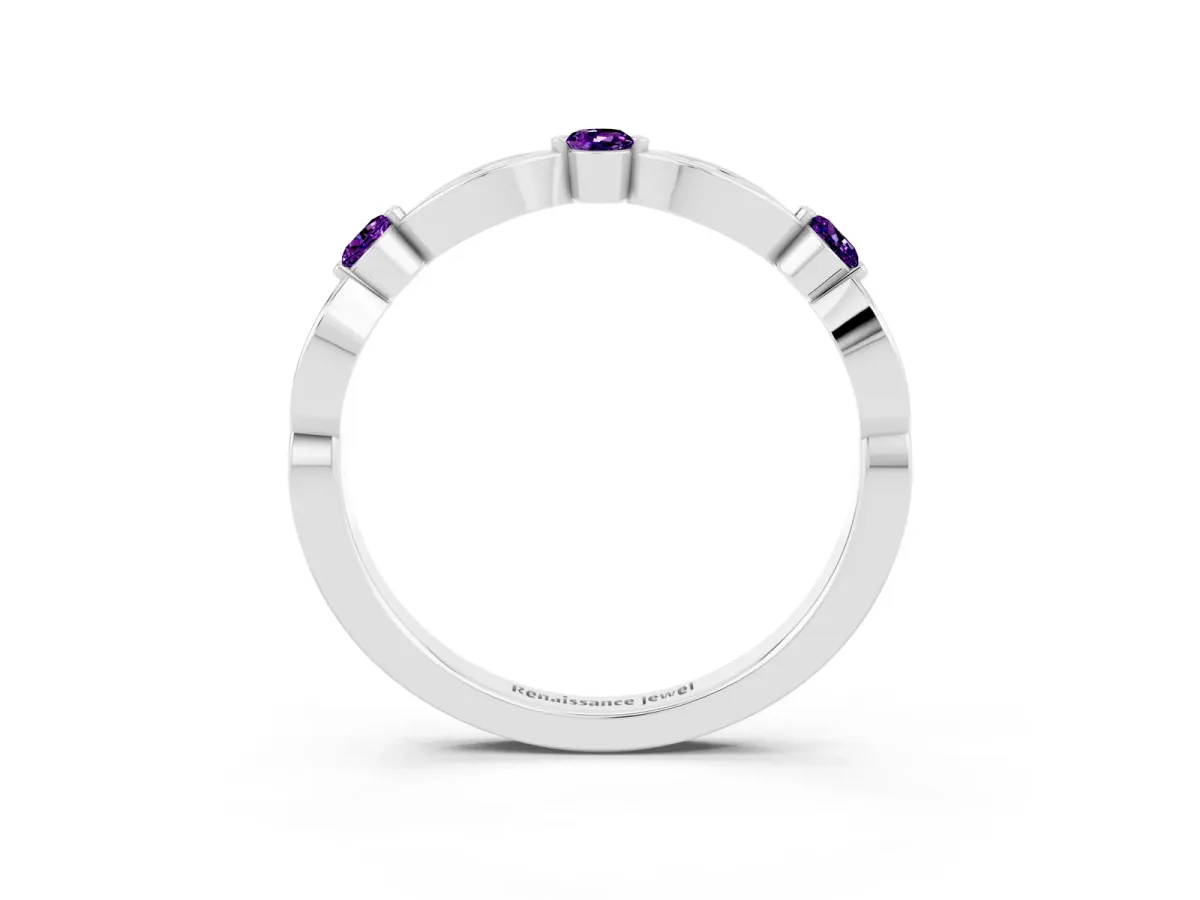 Marquise and Round Amethyst Milgrain Band with Bezel Setting Platinum