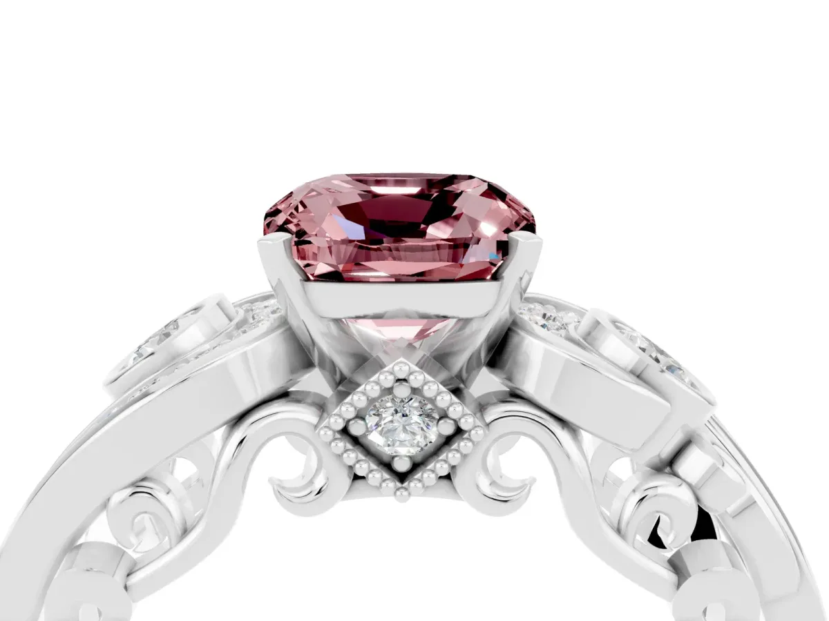 Cushion Cut Morganite Solitaire Ring with Milgrain Pavé Band and Four-Prong Setting Silver