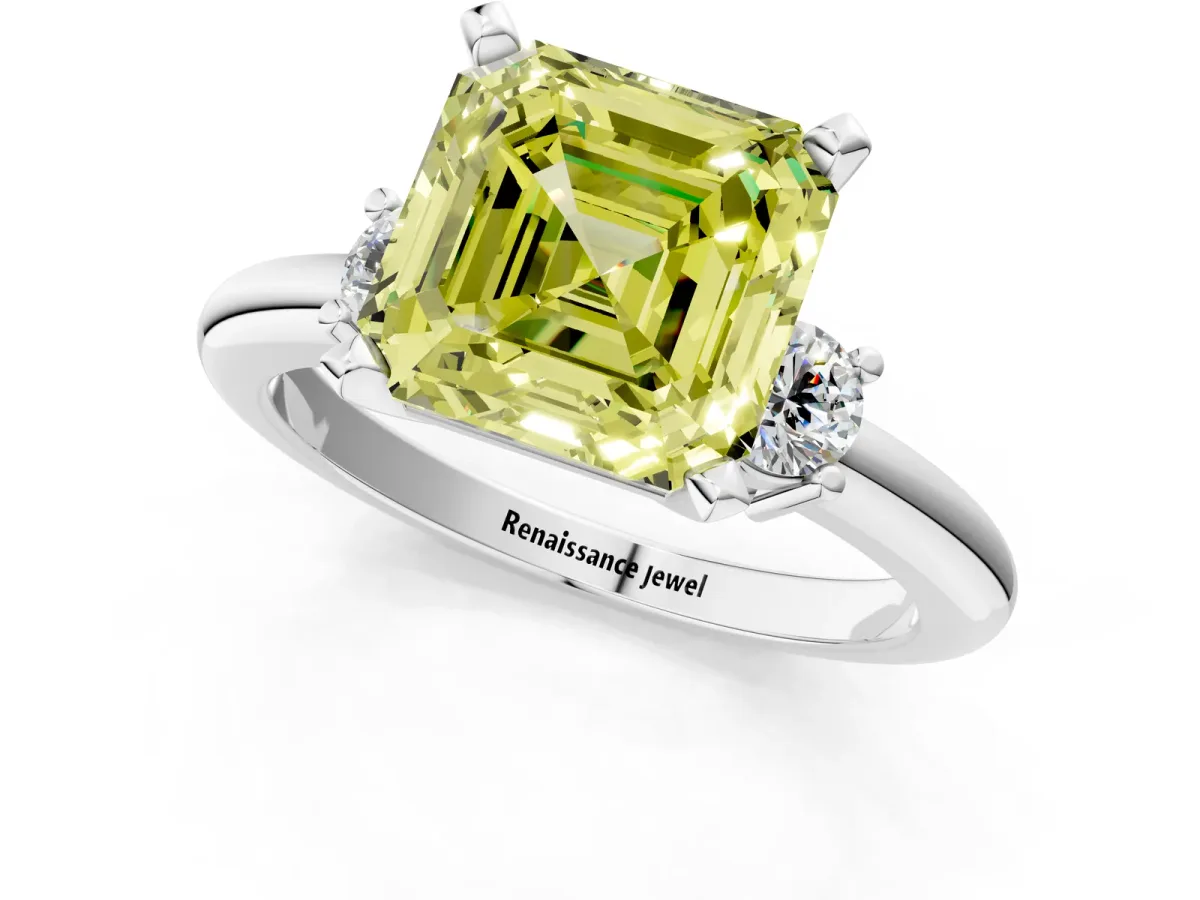 Fancy Yellow Three-Stone Asscher Cut Cut Diamond Solitaire with Prong Setting and Classic Band Platinum