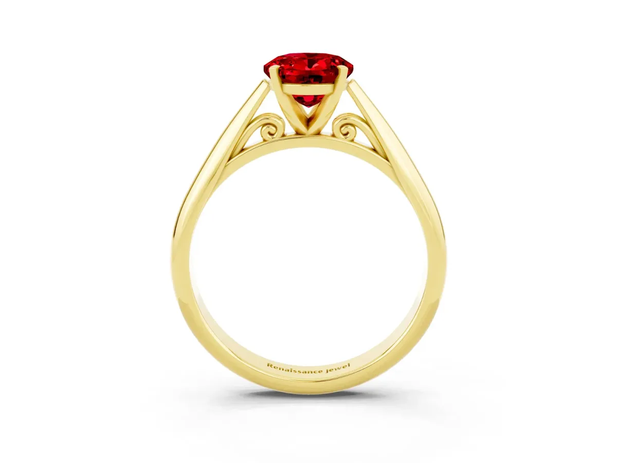 Oval Cut Ruby Solitaire Engagement Ring with Cathedral Setting and Four-Prong Mount Yellow gold