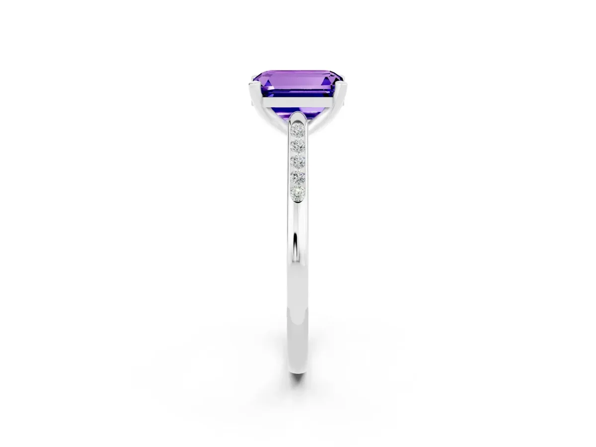 Emerald Cut Tanzanite Solitaire Ring with Channel Set Round Band and Prong Setting Silver
