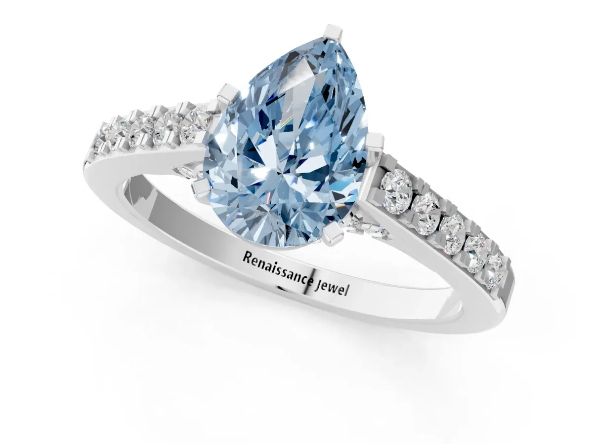 Fancy Blue Pear Cut Diamond Solitaire Ring with Crossover Gallery and Round Pavé Band Silver