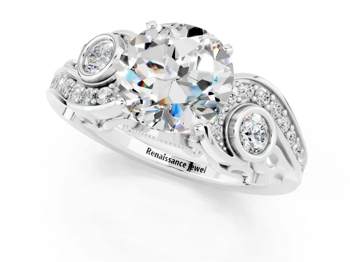 Round Cut Moissanite Solitaire Ring with Milgrain Pavé Band and Four-Prong Setting Silver