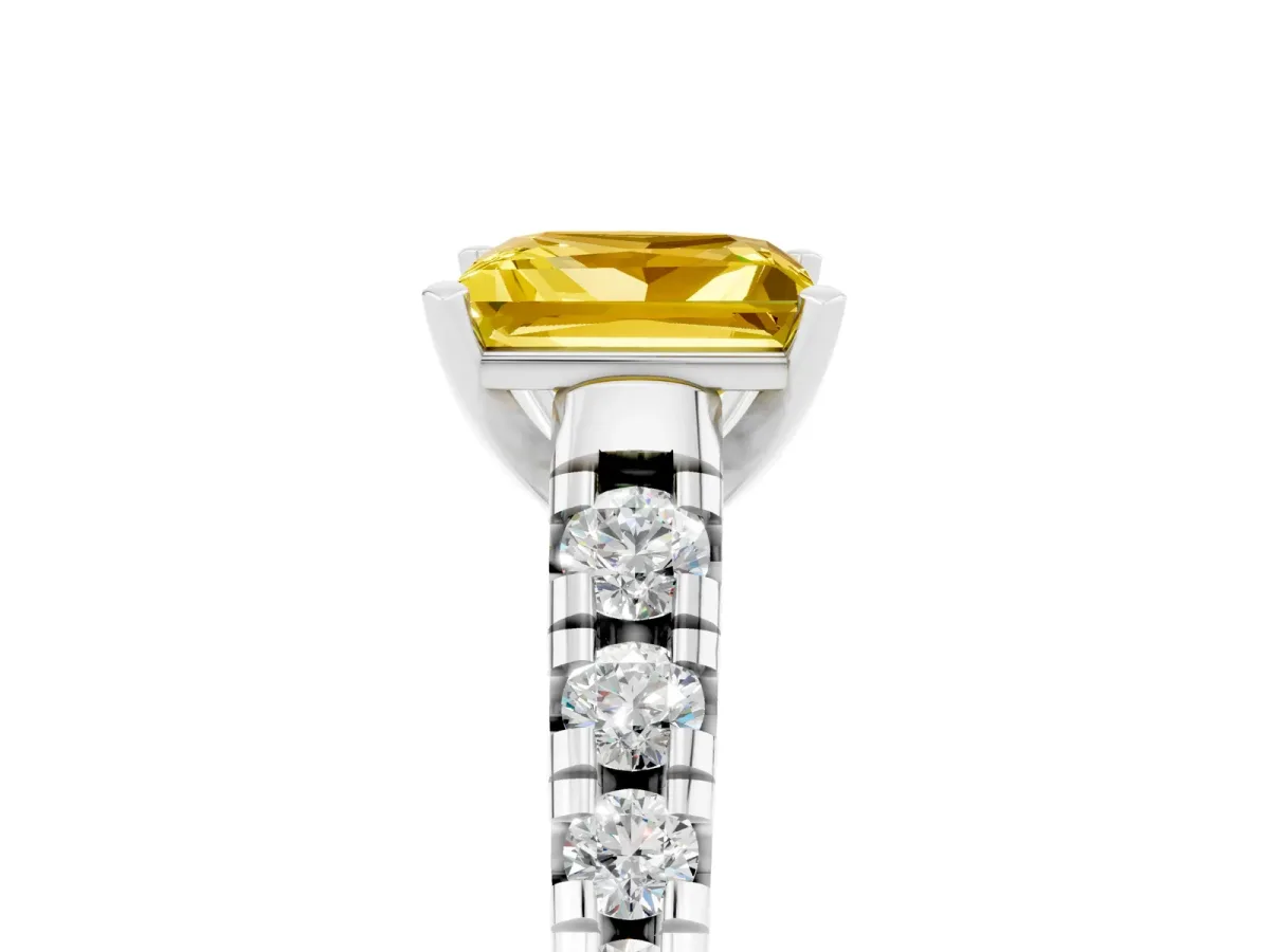 Princess Cut Yellow Sapphire Cathedral Solitaire Ring with Round Pavé Band Silver
