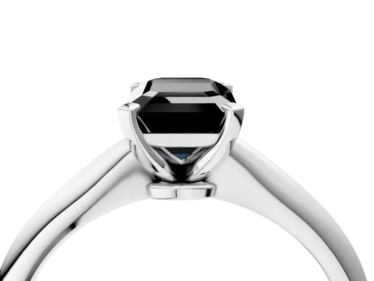 Fancy Black Emerald Cut Diamond Solitaire Engagement Ring with Classic Band and Four-Prong Setting Silver