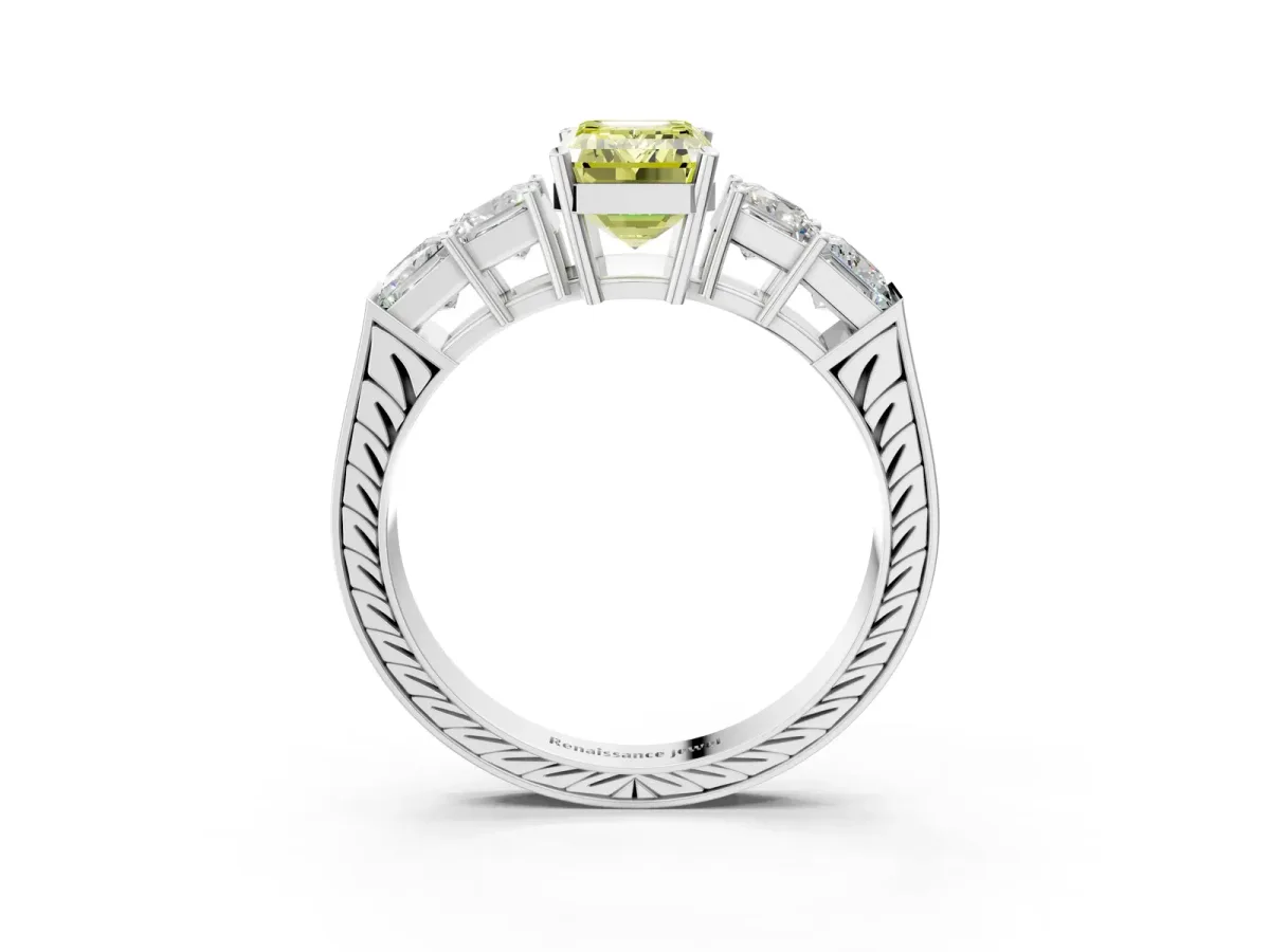 Fancy Yellow Emerald Cut Solitaire Princess Side Stone Engraved Band Prong Setting Ring Platinum