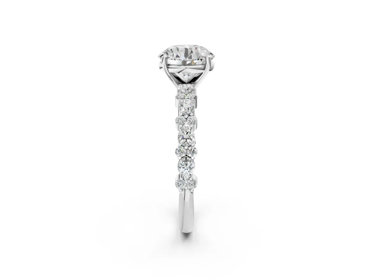 Round Cut Diamond Side Stone Solitaire Ring with Round Moissanite and Four-Prong Setting White gold