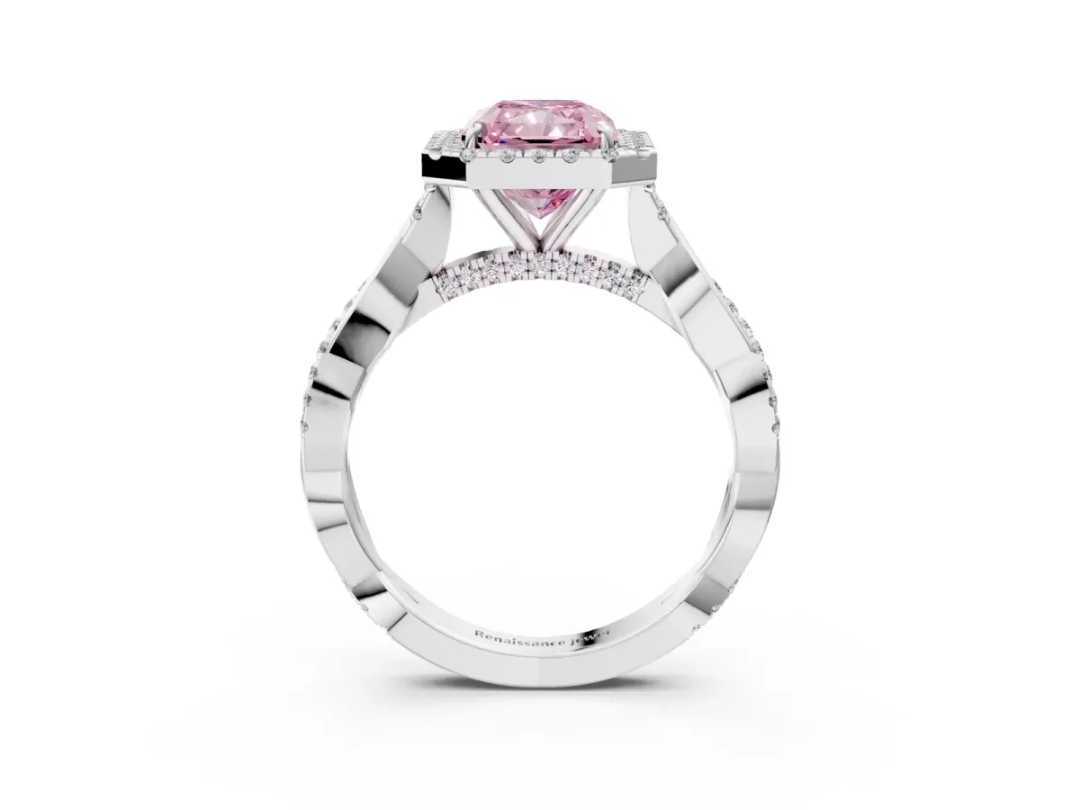 Fancy Pink Radiant Cut Halo Twist Band Solitaire Ring Platinum