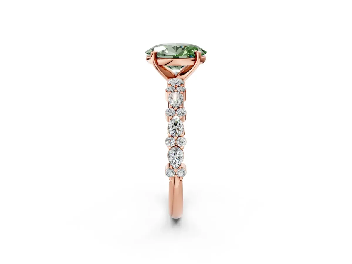 Fancy Green Oval Cut Diamond Side Stone Solitaire Ring with Round and Four-Prong Setting Rose gold