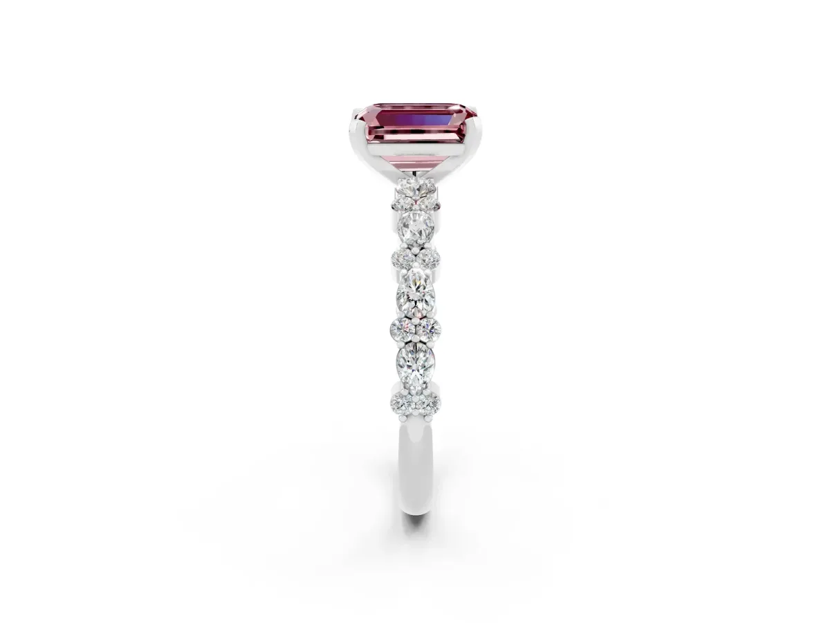 Emerald Cut Morganite Side Stone Solitaire Ring with Round and Four-Prong Setting White gold