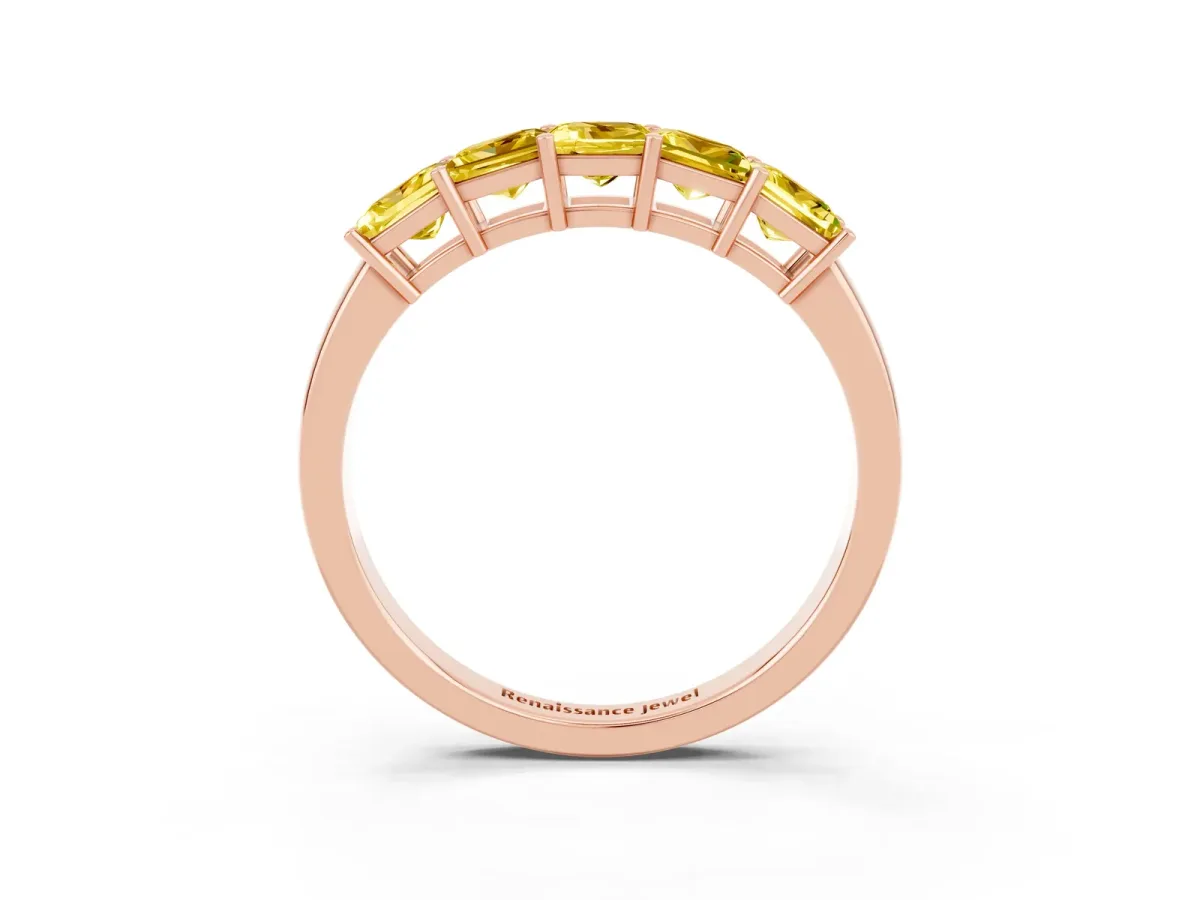 Princess Cut Five-Stone Yellow Sapphire Band with Prong Setting Rose gold