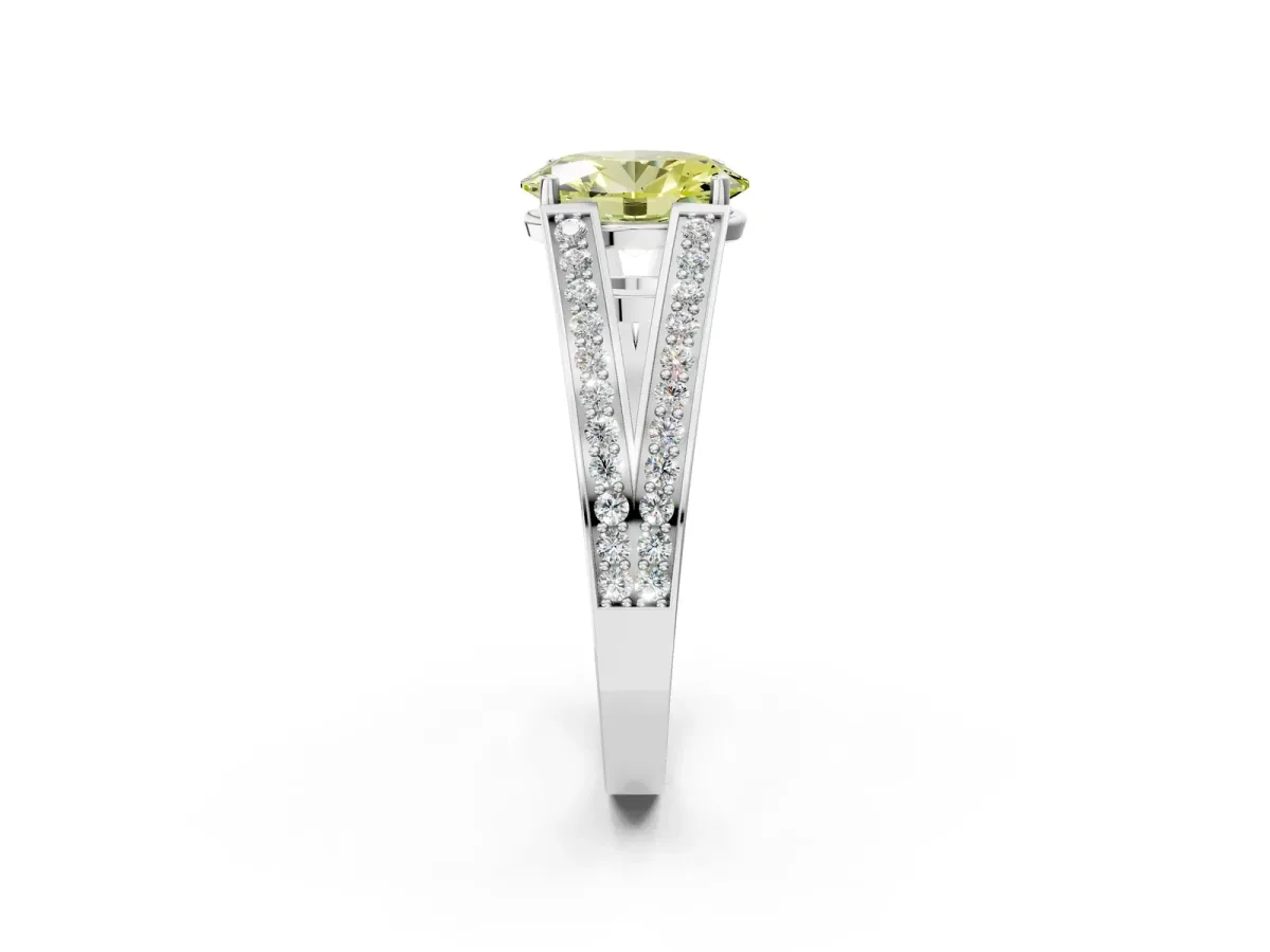 Fancy Yellow Oval Cut Diamond Split Shank Ring with Pavé Band and Four-Prong Setting White gold
