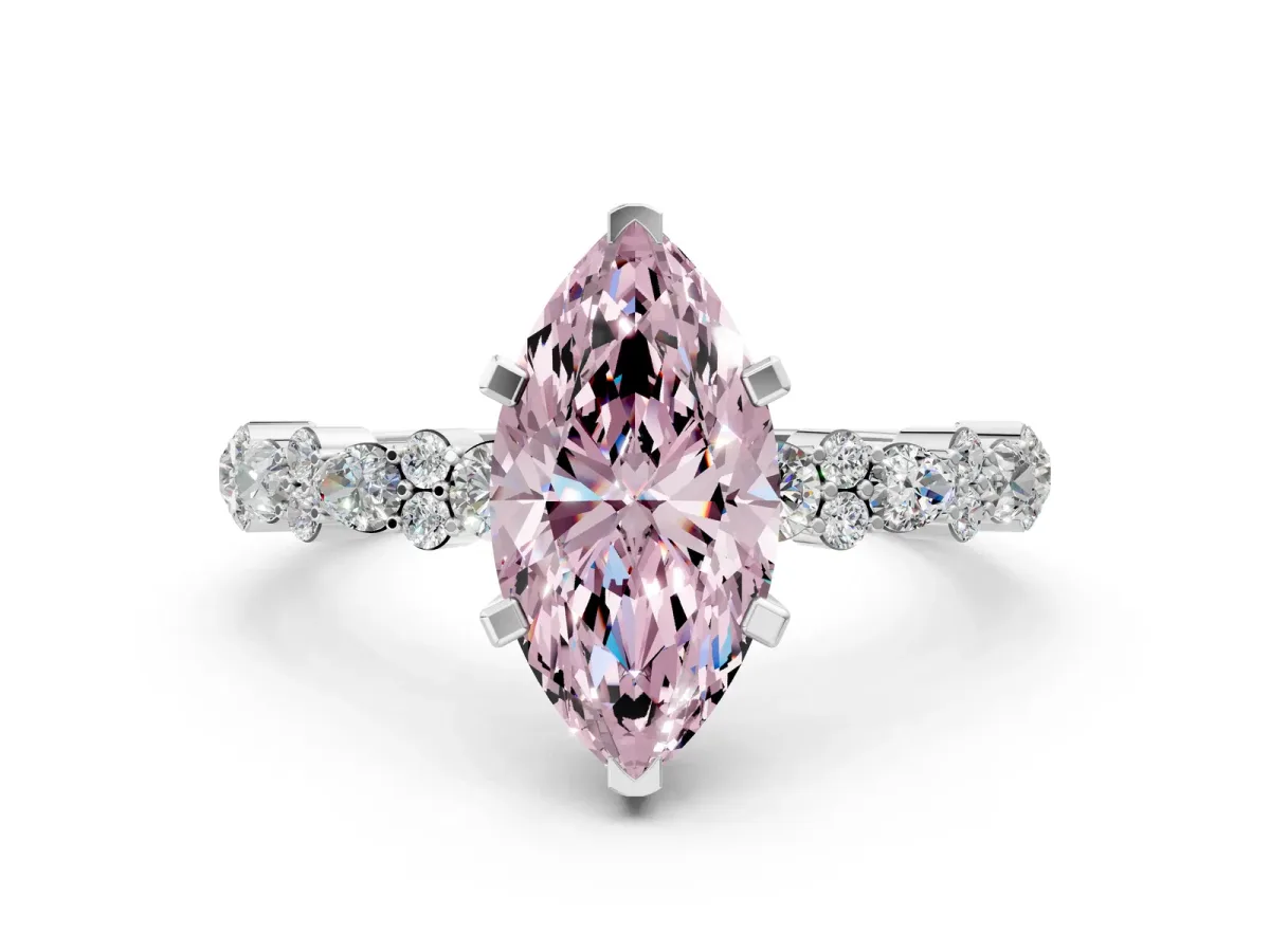 Fancy Pink Marquise Cut Diamond Side Stone Solitaire Ring with Round and Four-Prong Setting Silver