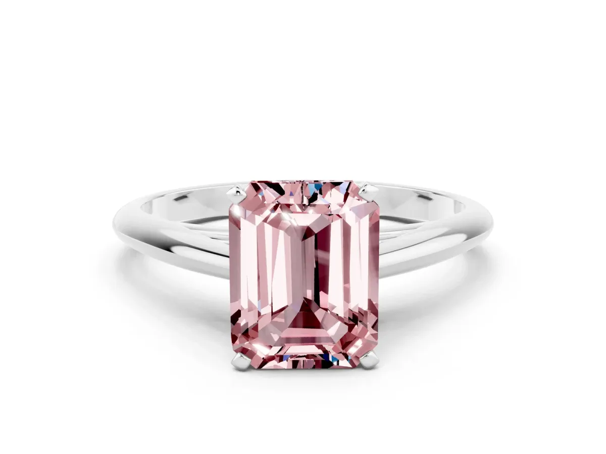 Emerald Cut Morganite Solitaire Engagement Ring with Cathedral Setting and Four-Prong Mount White gold