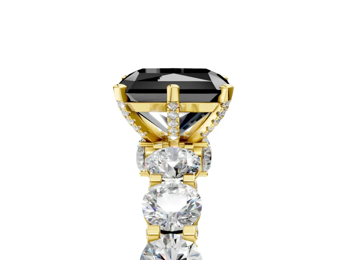 Fancy Black Radiant Cut Diamond Side Stone Engagement Ring with Four-Prong Setting Yellow gold