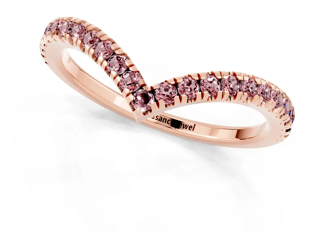 Pavé Round Morganite V-Shaped Chevron Band with Shared Prong Setting Rose gold