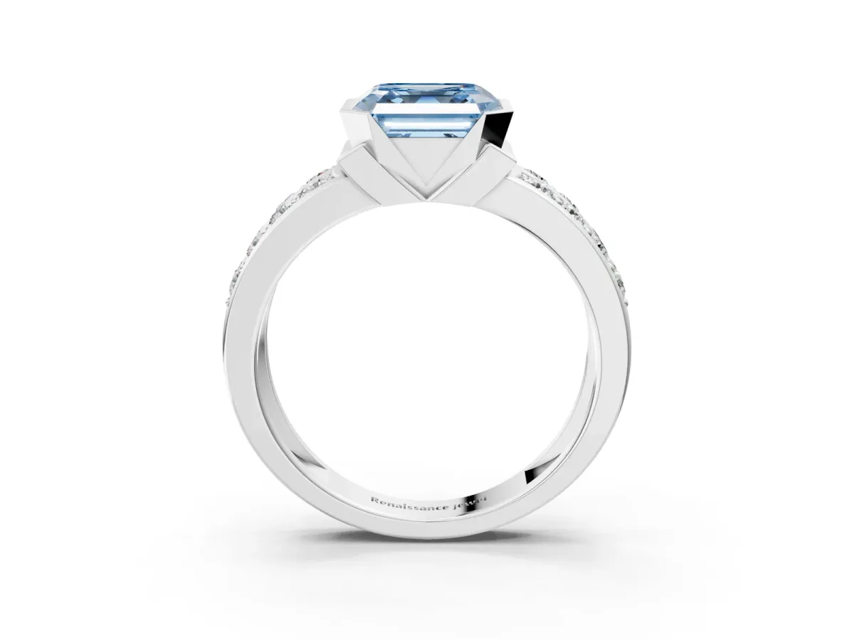 Fancy Blue Asscher Cut Brilliant Diamond Channel Set Wide Band Ring with Bezel Setting Platinum