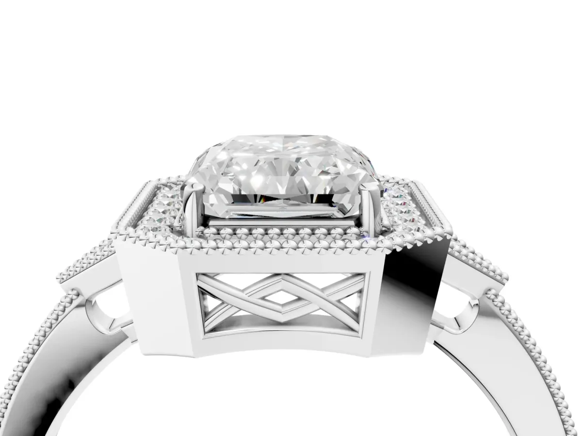Radiant Cut Halo Round Diamond Milgrain Pave Engagement Ring Platinum