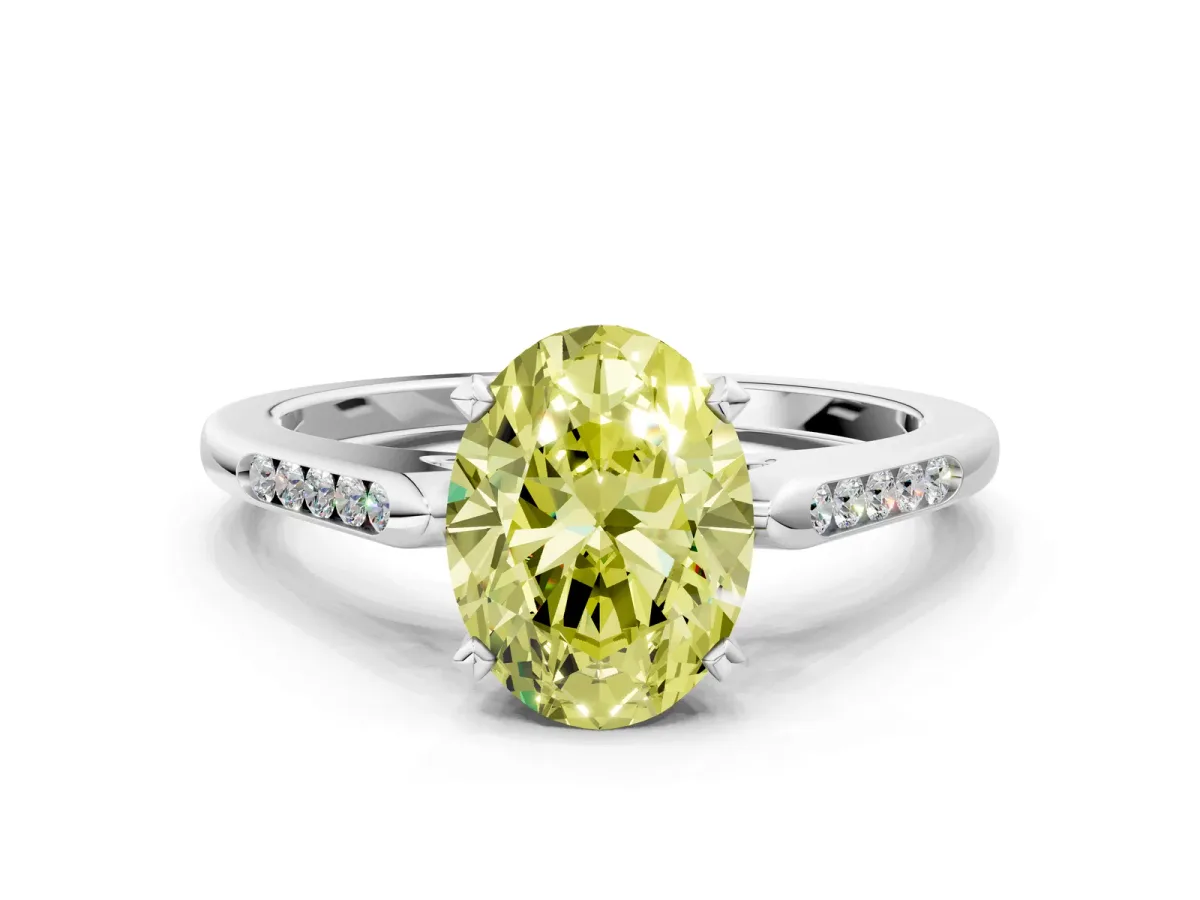 Fancy Yellow Oval Cut Diamond Solitaire Ring with Channel Set Round Band and Prong Setting Silver