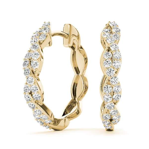 Pave Round Diamond Twisted Hoop Earrings with Shared Prong Setting Yellow gold
