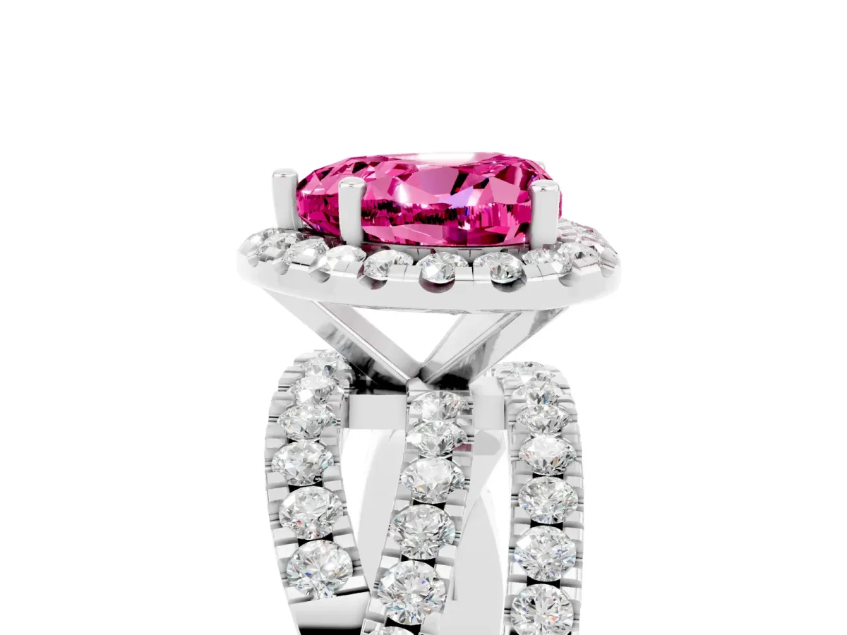 Heart Cut Pink Sapphire Halo Ring with Round Split Shank and Prong Setting Platinum
