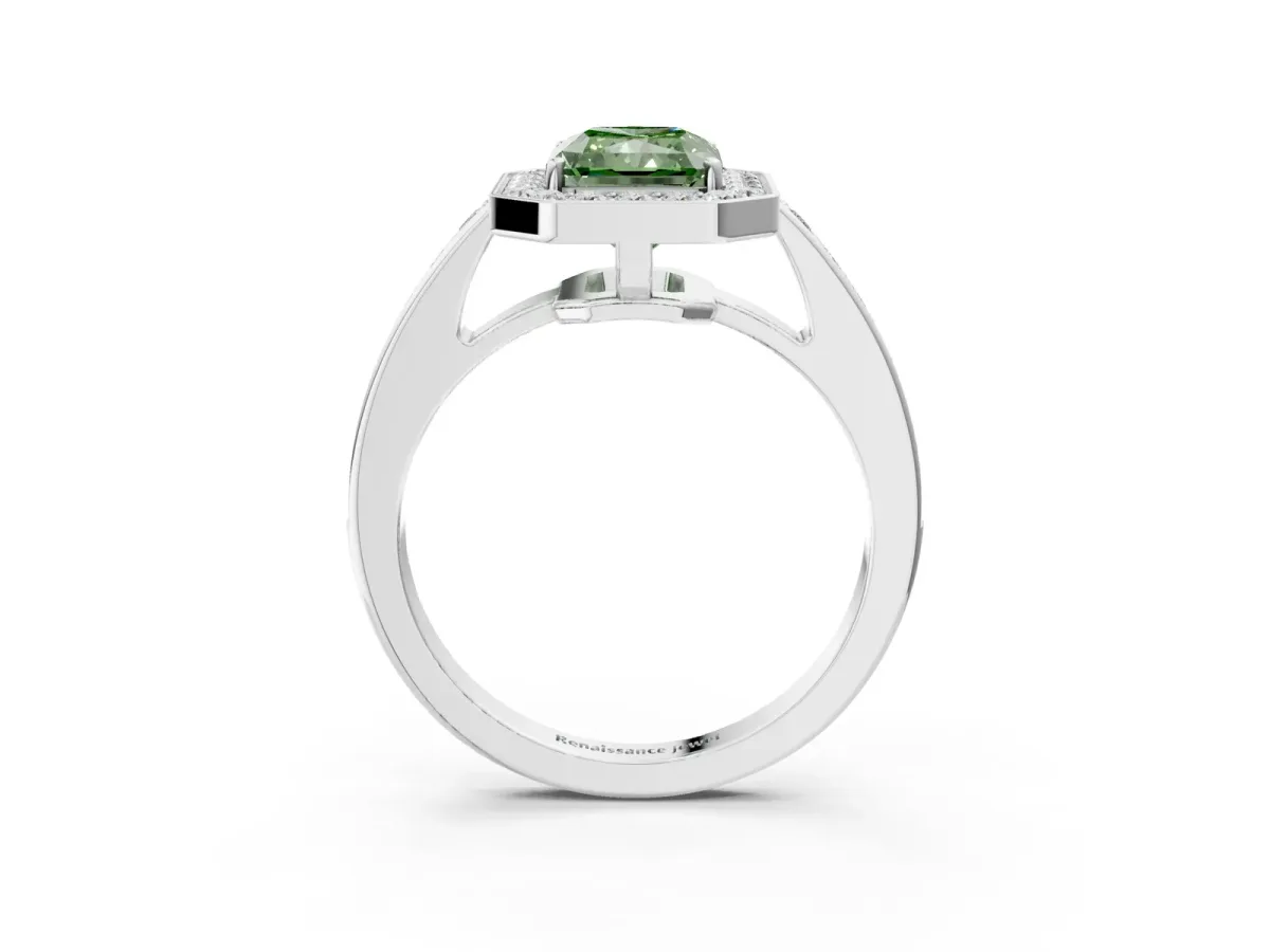 Fancy Green Radiant Cut Halo Pavé Diamond Engagement Ring with Bezel Setting Silver