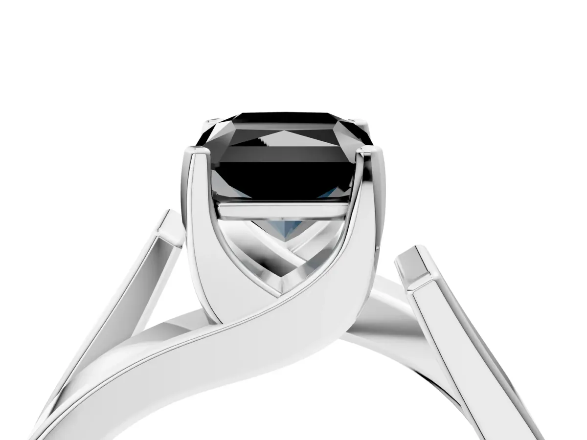 Fancy Black Modern Tension Set Radiant Cut Diamond Solitaire Wide Band Ring Silver