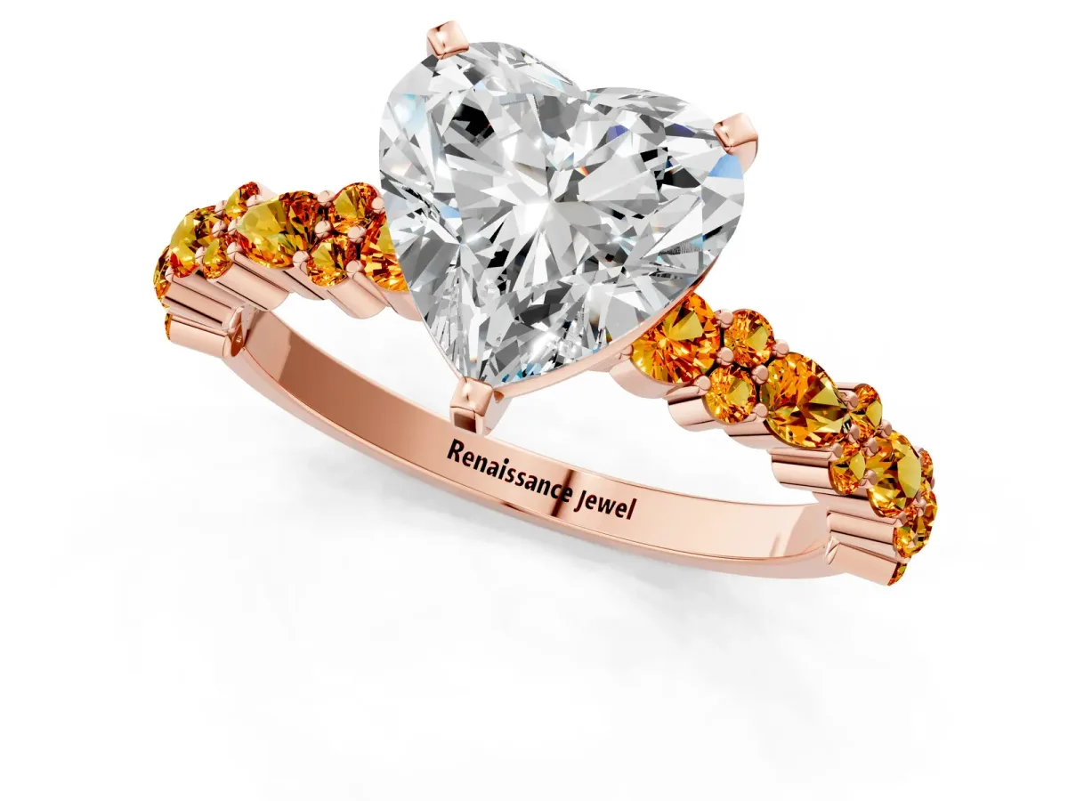 Heart Cut Diamond Side Stone Solitaire Ring with Round Citrine and Four-Prong Setting Rose gold