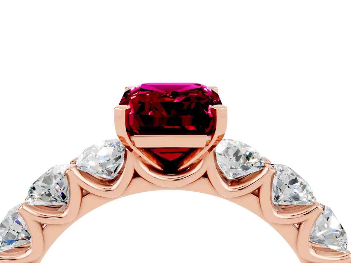 Emerald Cut Garnet Prong Setting with Side Stones on a Pave Band Rose gold